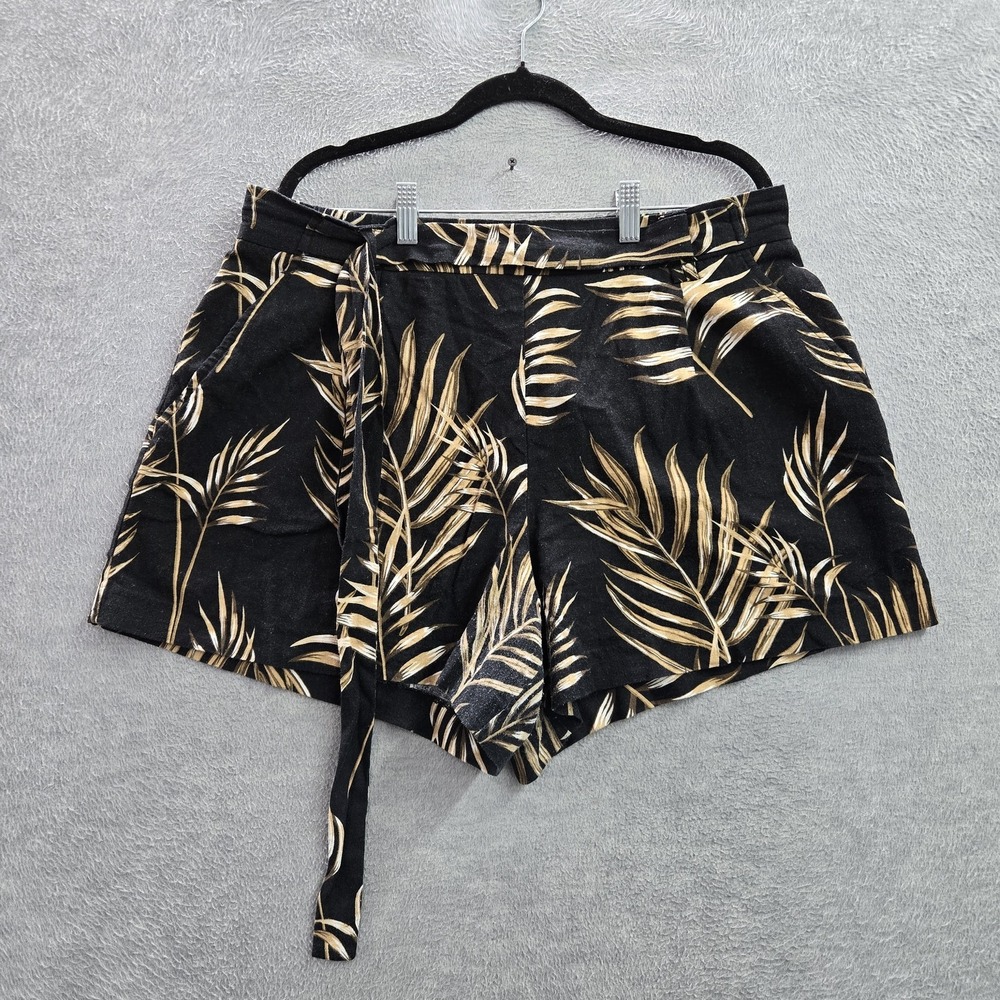 C&C California Women Shorts US 14 Black Linen Rayon Floral 4" Inseam Belted